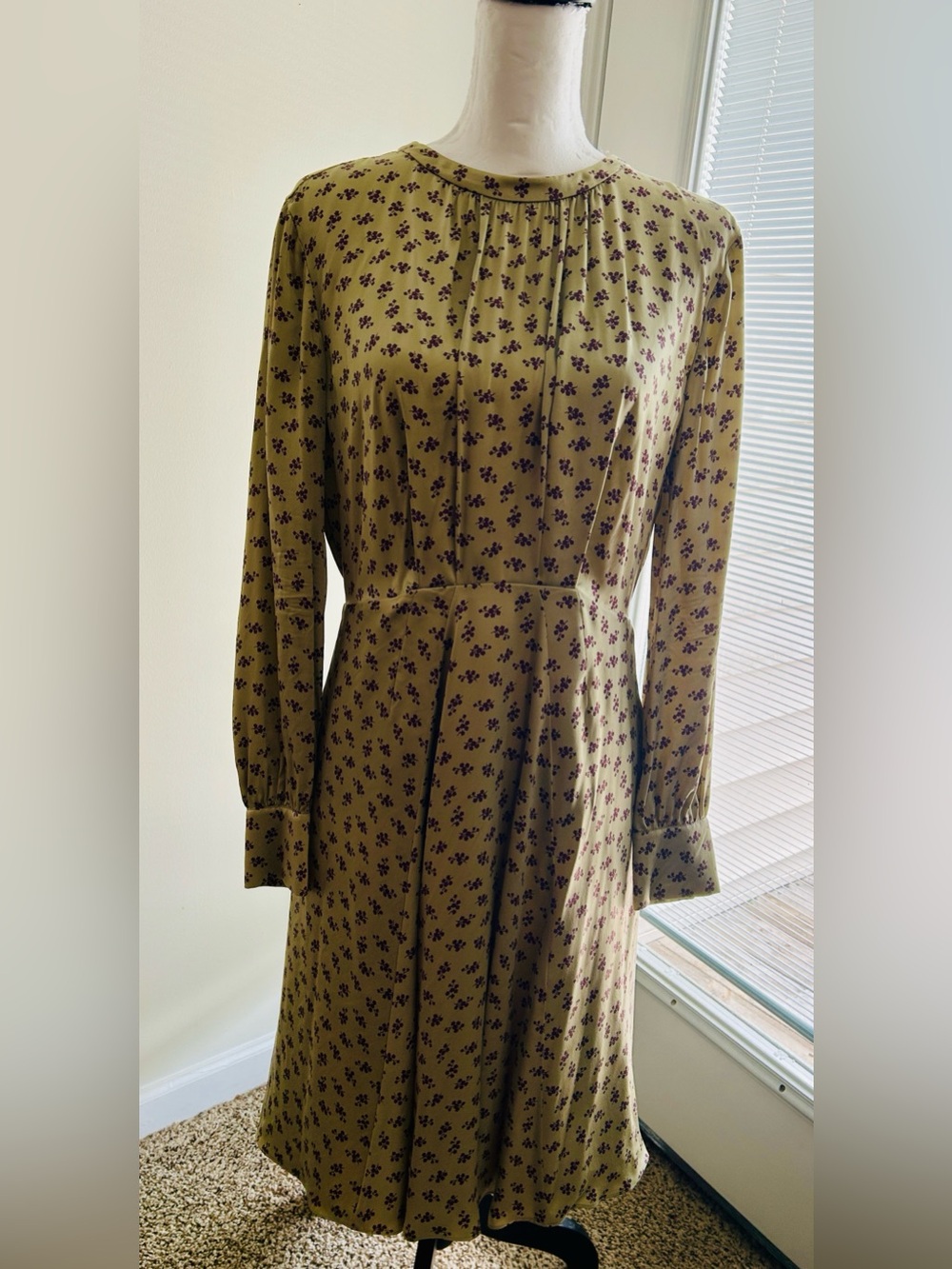 Rebecca Taylor NWOT Silk Long Sleeve Olive Floral Midi Dress Size 6 Lined